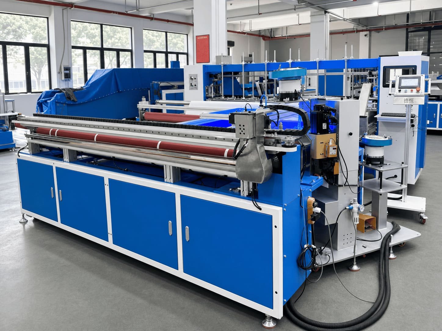 Real Deheng disposable medical curtain folding, punching and cutting machine in the factory